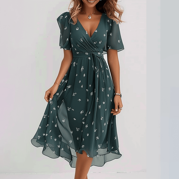 Ophelia | Groovy Short Sleeve Green Midi Dress