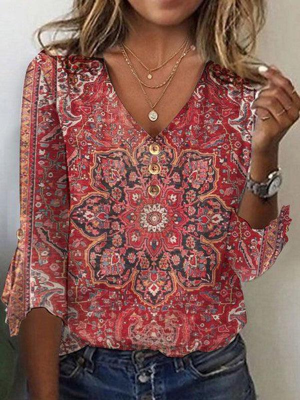 Arabella | Ed Print 3/4 Sleeve V-Neck Top